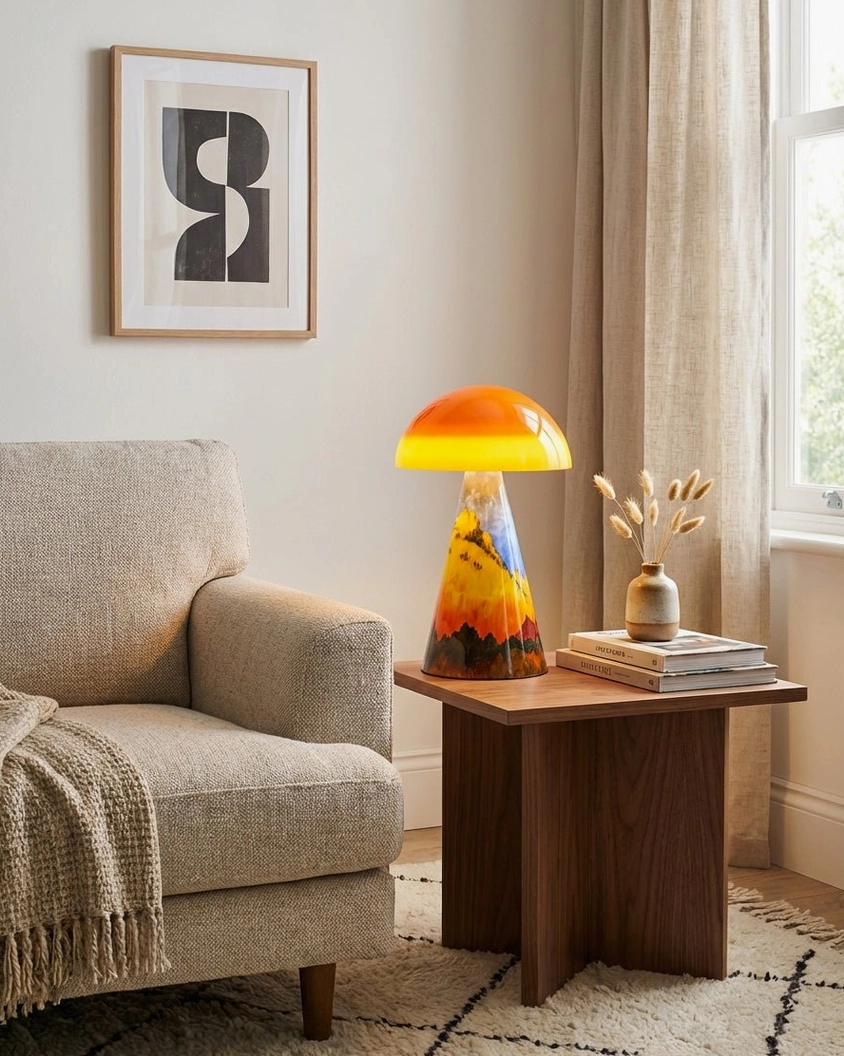 Ombre gradient yellow-orange ceramic mushroom table lamp creating ambient lighting in cozy reading nook setting