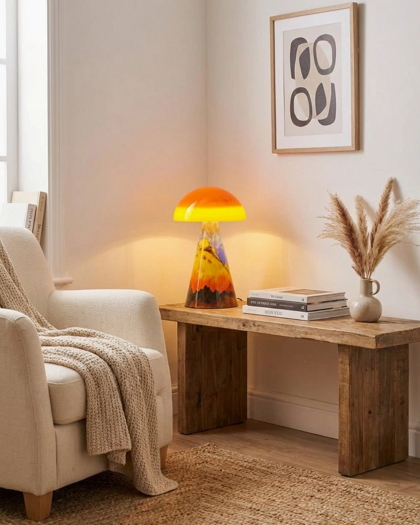 Orange gradient ceramic table lamp providing warm accent light in contemporary living room with rustic wooden bench and knitted throw