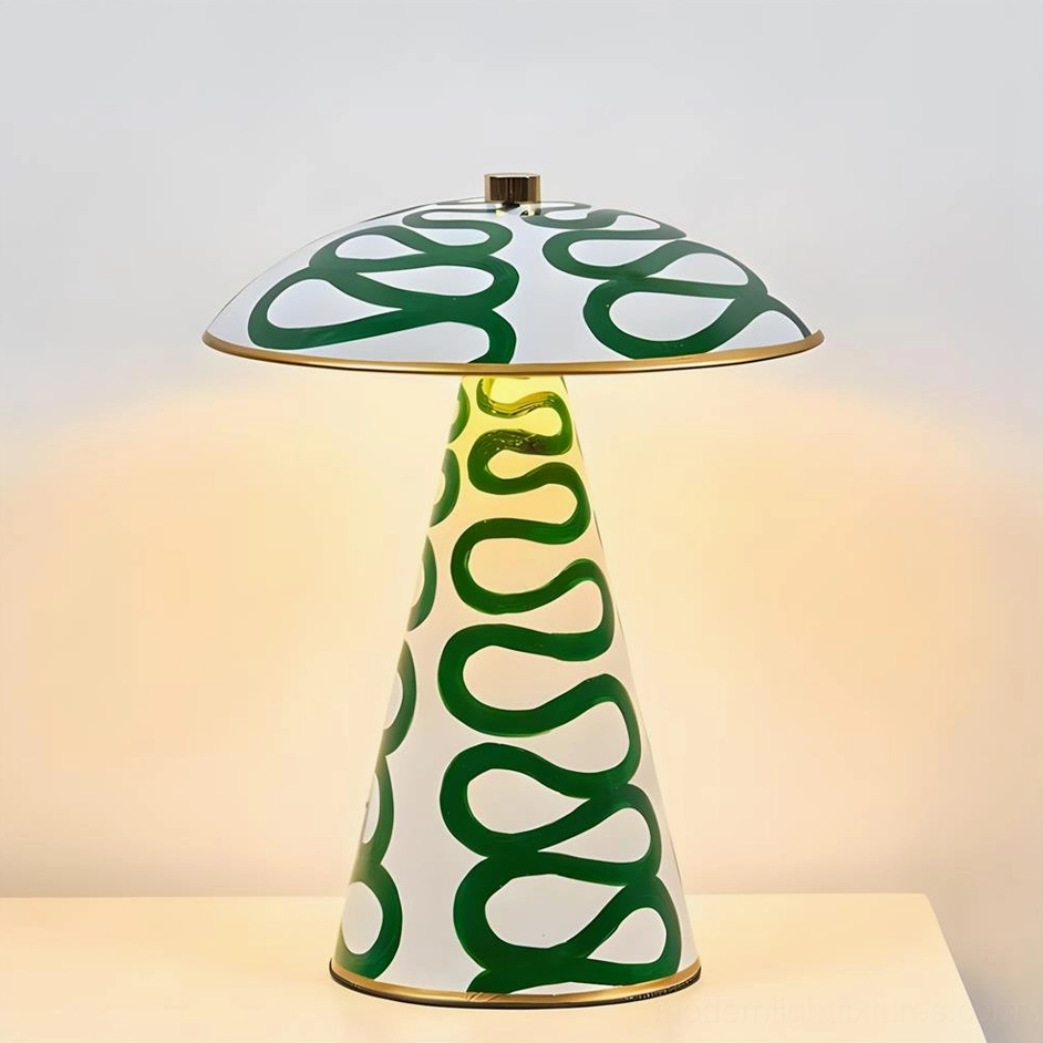 Orange and green hand-painted Lemora ceramic mushroom table lamp full product view with integrated LED