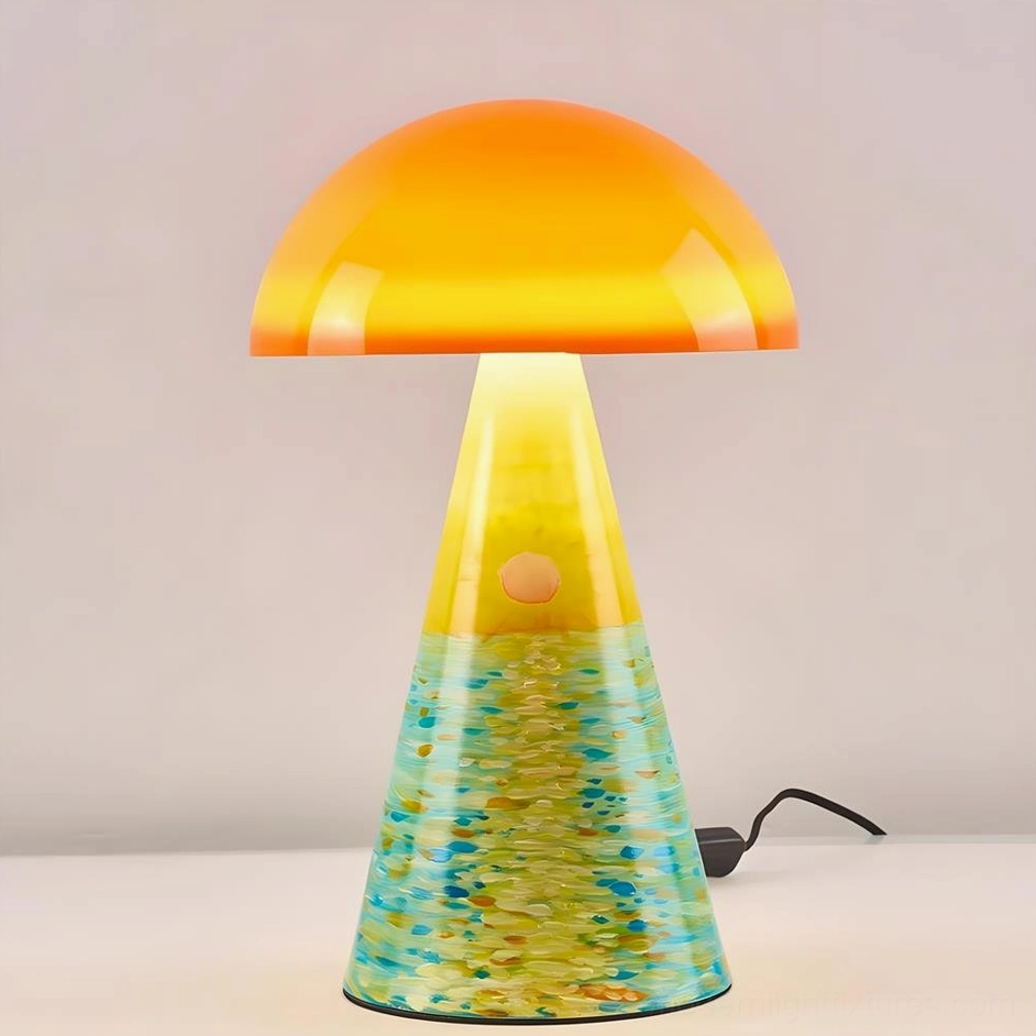 Orange and green color variant Lemora Model B compact ceramic table lamp hand-painted spiral design