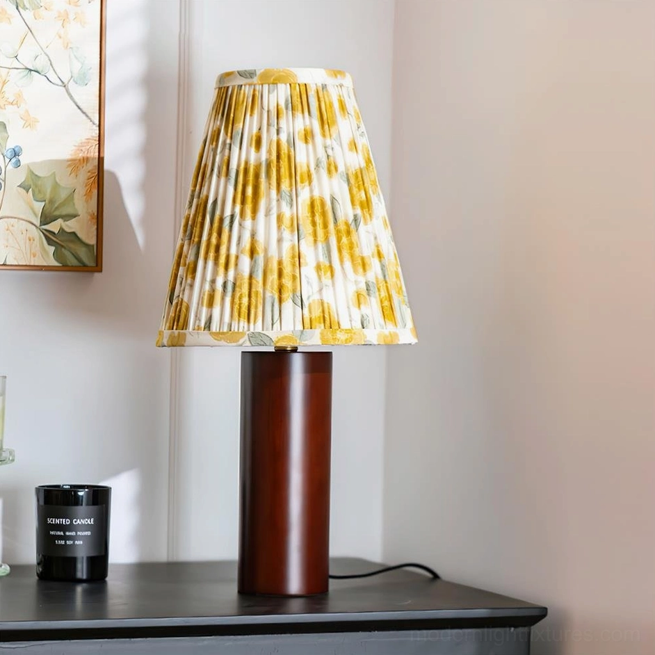 Lenora Model B cylindrical table lamp with yellow floral pleated shade and dark walnut wood base