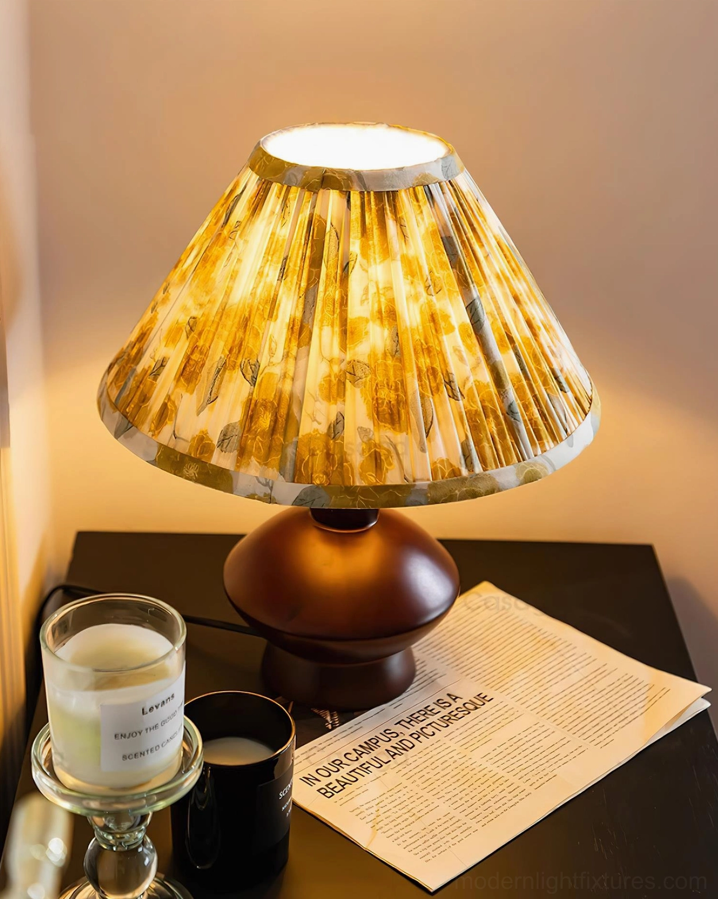 Lenora pleated table lamp with yellow floral shade and walnut wooden base, home accent lighting