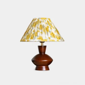 Lenora pleated table lamp with yellow floral shade and dark walnut wooden gourd base, front studio view
