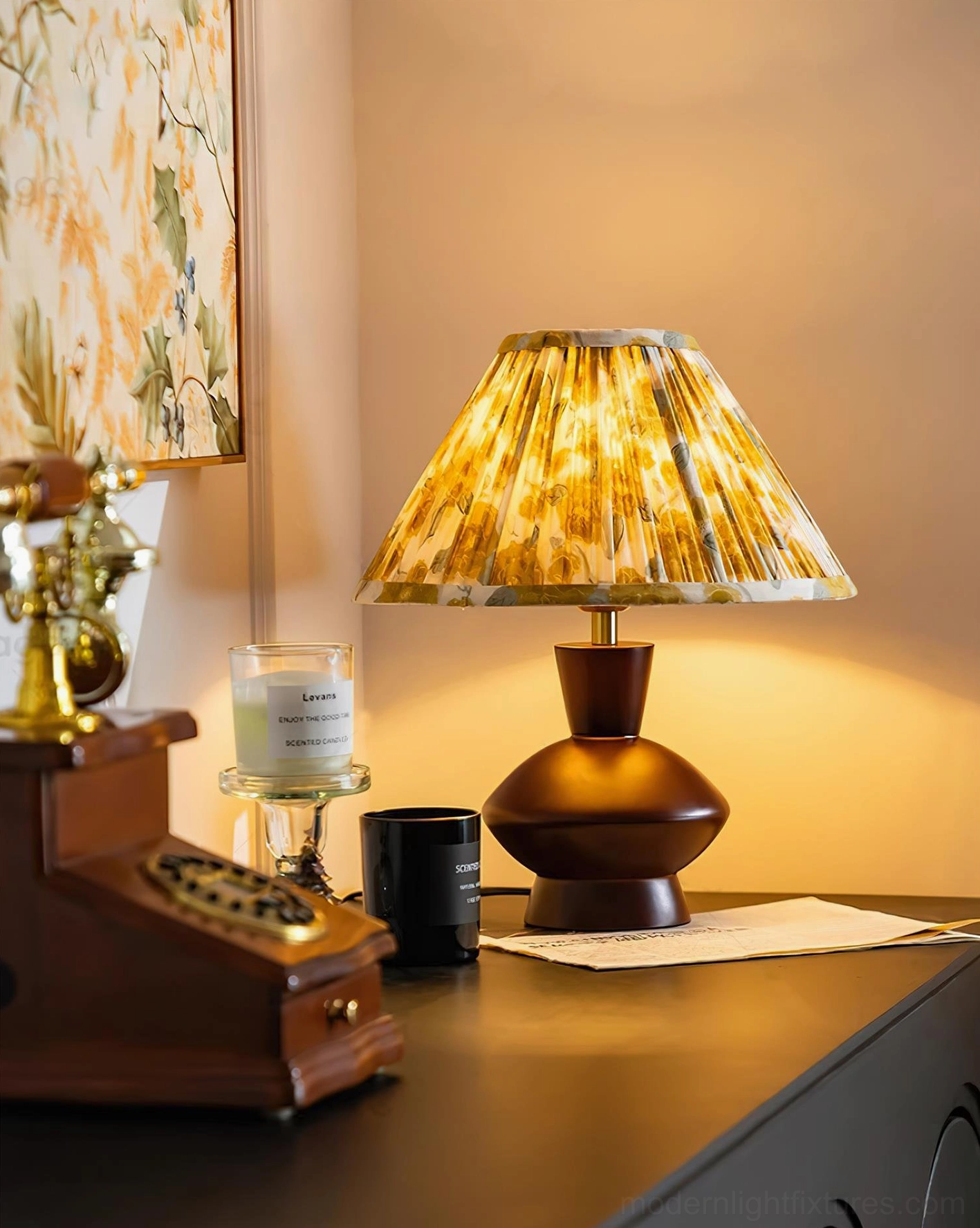 Lenora table lamp with yellow floral pleated shade, vintage style wooden base, side table display
