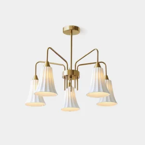 Lenore ceramic pendant chandelier overhead view modern design white ceramic gold metal frame