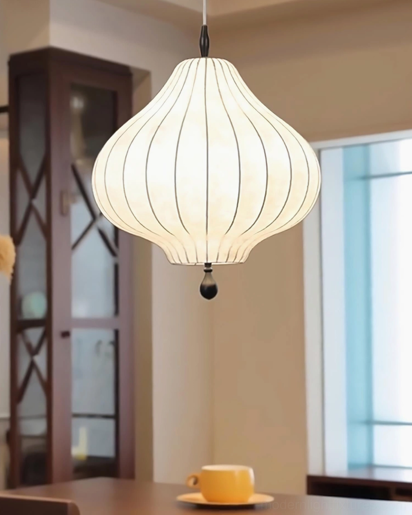 Leocadia striped fabric pendant light with wooden display cabinet, off-white shade with black hardware