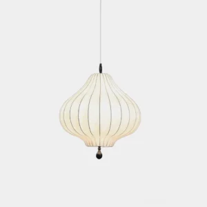 Leocadia modern striped pendant light with white fabric shade and black metal accents, studio view