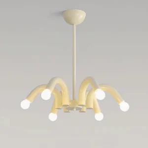 Beige minimalist chandelier with curved tubular arms and exposed light bulbs, three-quarter view