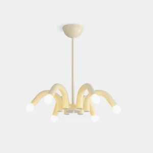 Leola modern curved arm chandelier with six exposed bulbs in matte beige finish, overhead studio view
