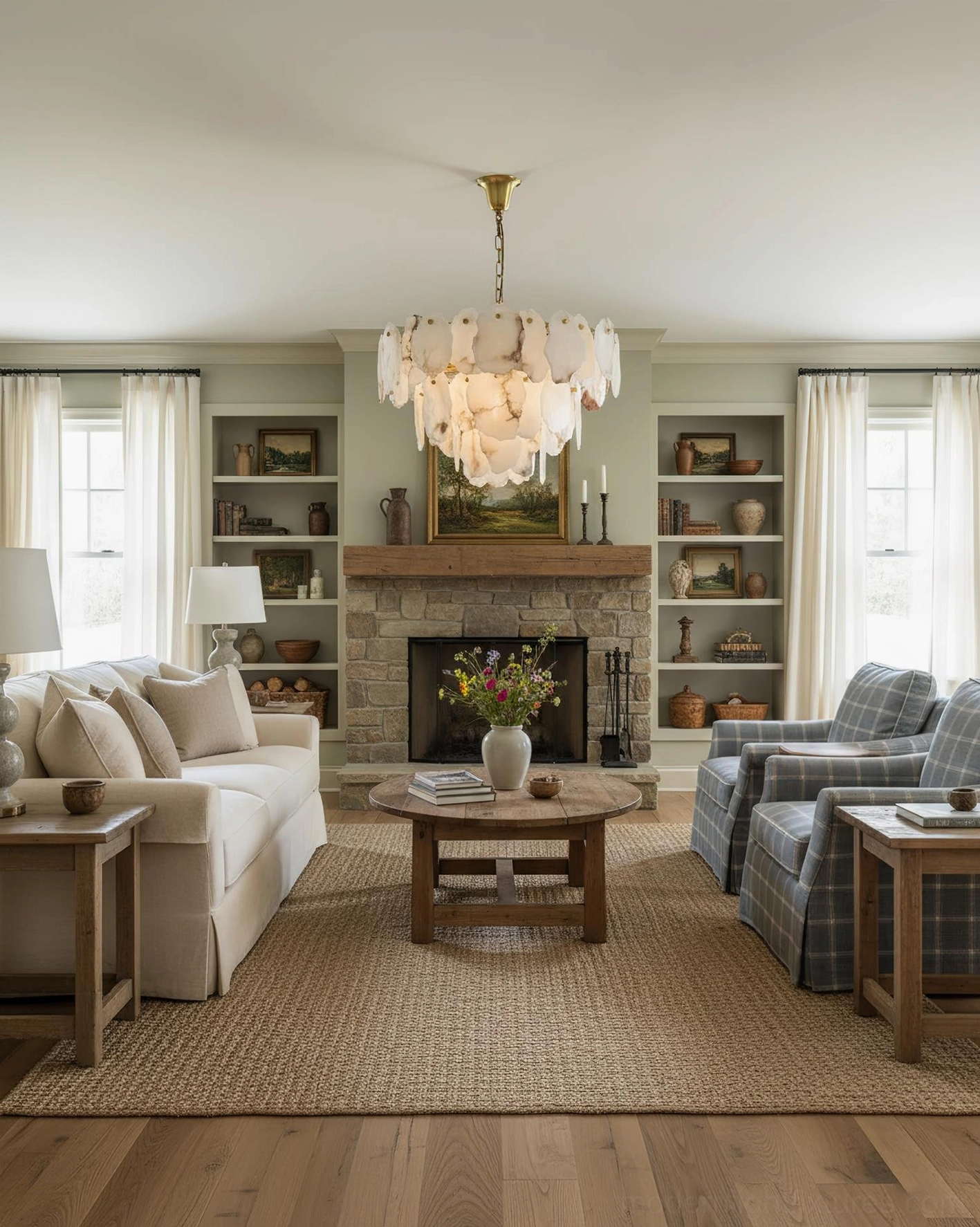 Leon Alabaster Tiered Chandelier - Cozy Farmhouse Living Room with Built-In Bookshelves and Stone Fireplace