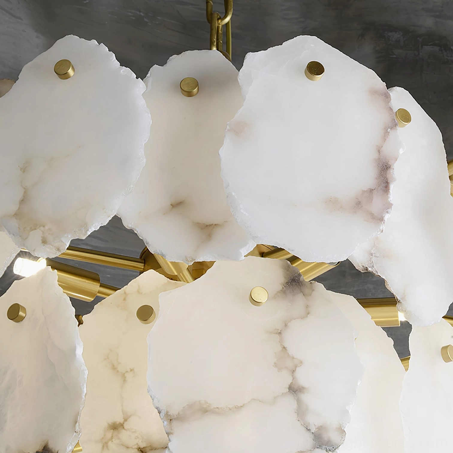 Leon Alabaster Tiered Chandelier - Dimensional View of Multi-Layer Stone Construction with Brass Fixtures