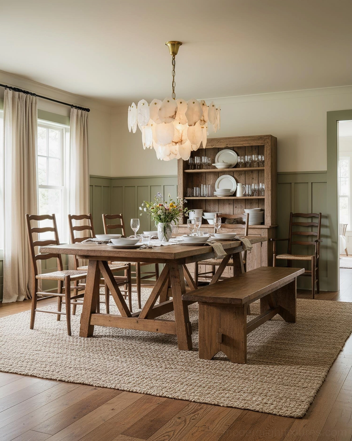 Leon Alabaster Hand-Crafted Chandelier - Farmhouse Dining Room with Wooden Table and Built-In Cabinetry