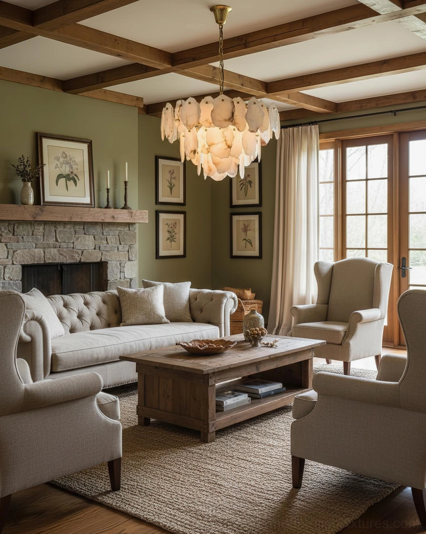 Leon Alabaster Chandelier in Farmhouse Living Room - Natural Light Over Stone Fireplace and Neutral Decor