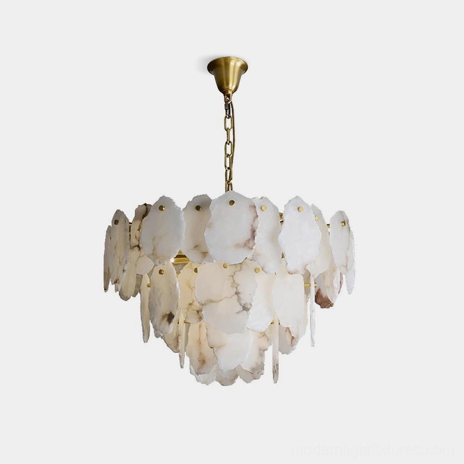 Leon Alabaster Hand-Sculpted Tiered Chandelier - Front Studio View with Brass Hardware and Translucent Stone Slices