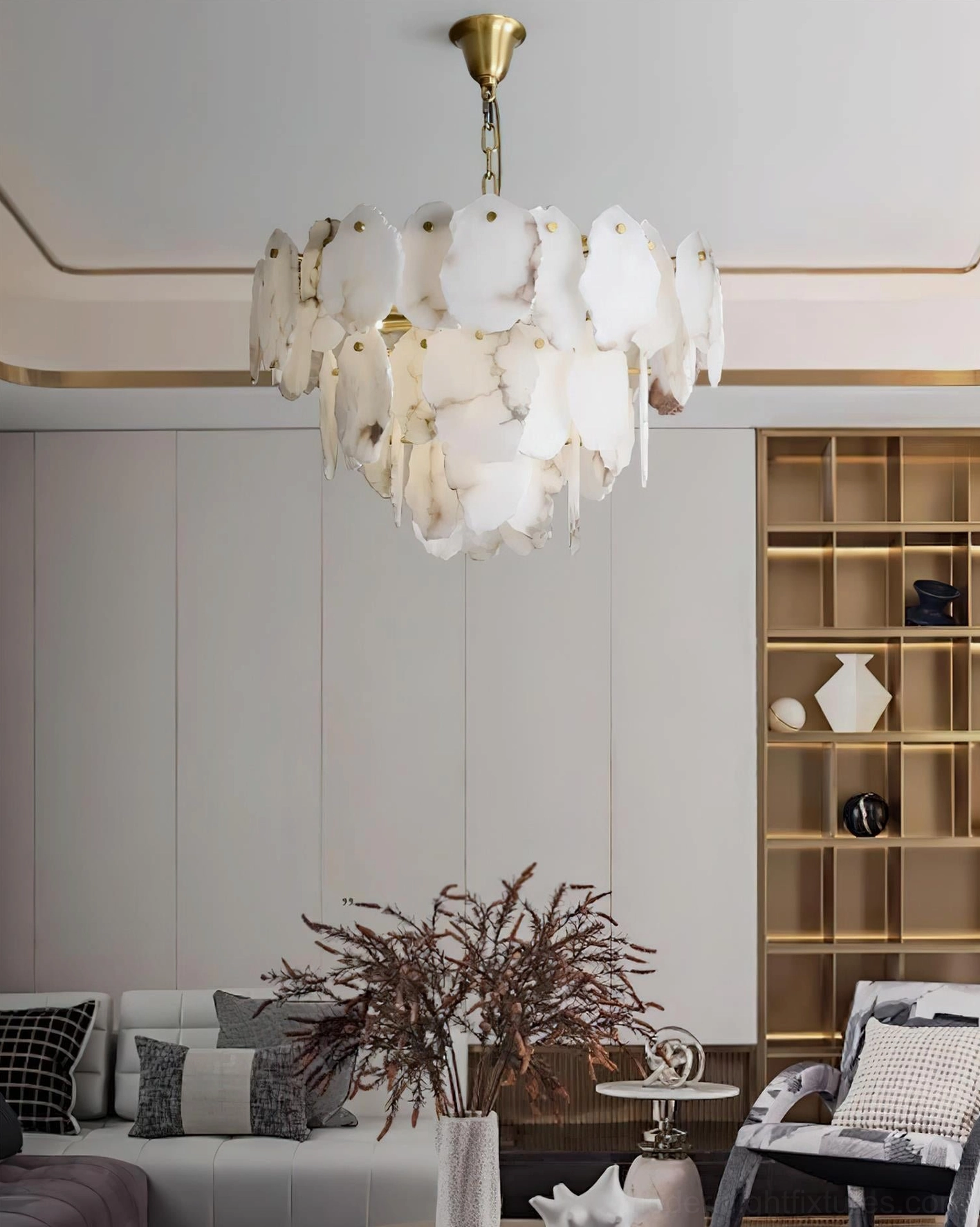 Leon Alabaster Stone Chandelier - Full Product View Showcasing Tiered Layers and Natural Alabaster Finish