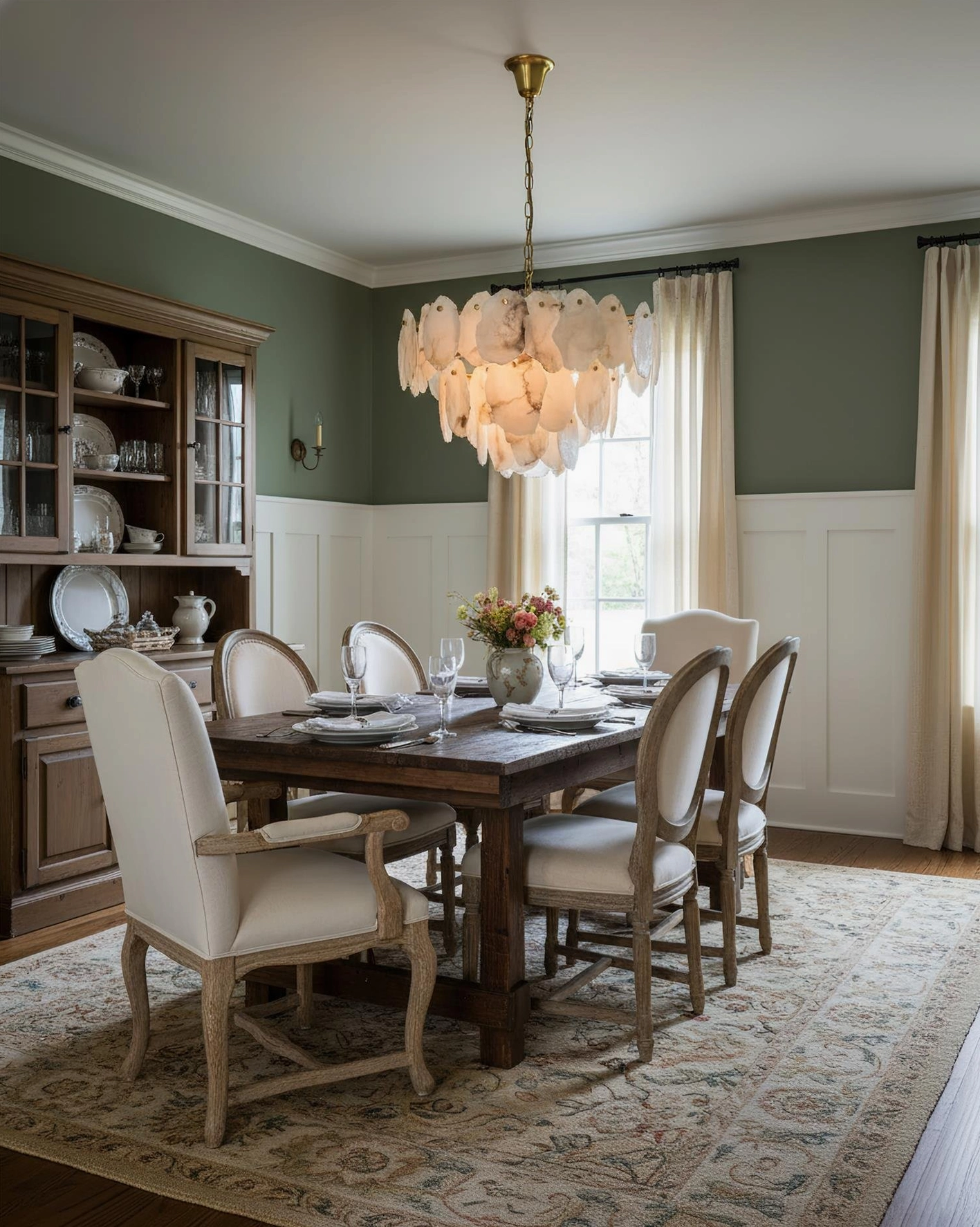 Leon Alabaster Stone Chandelier - Modern Farmhouse Dining with Shiplap Walls and Contemporary Slipcovered Seating