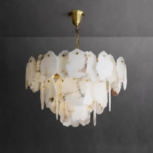 Leon Alabaster Tiered Chandelier - Overhead Close-Up Detail of Hand-Shaped Stone Layers and Brass Suspension Chain