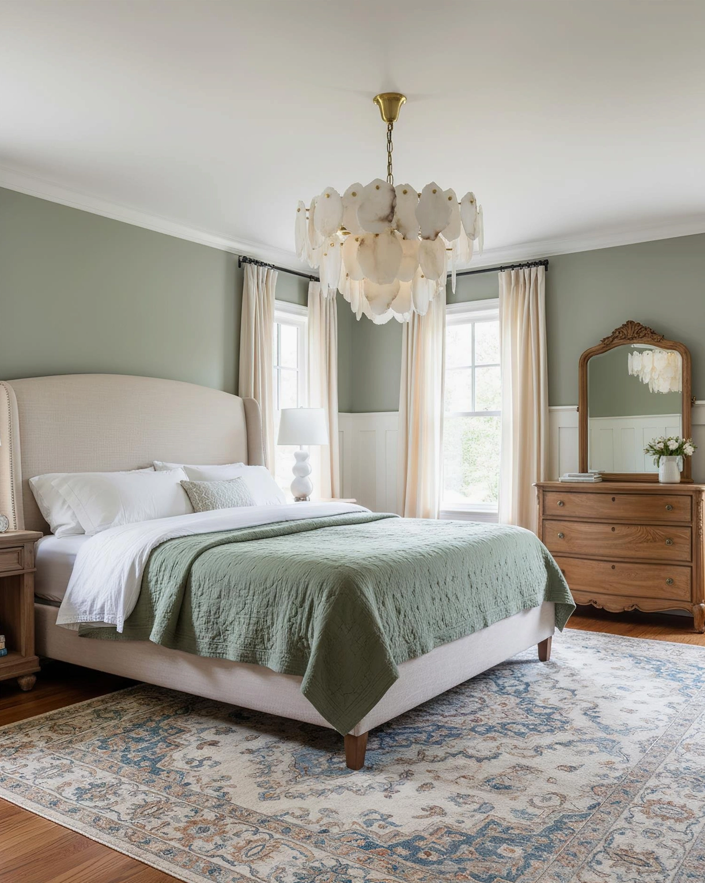 Leon Alabaster Pendant Chandelier in Rustic Bedroom - Warm Accent Wall and Upholstered Bed Styling