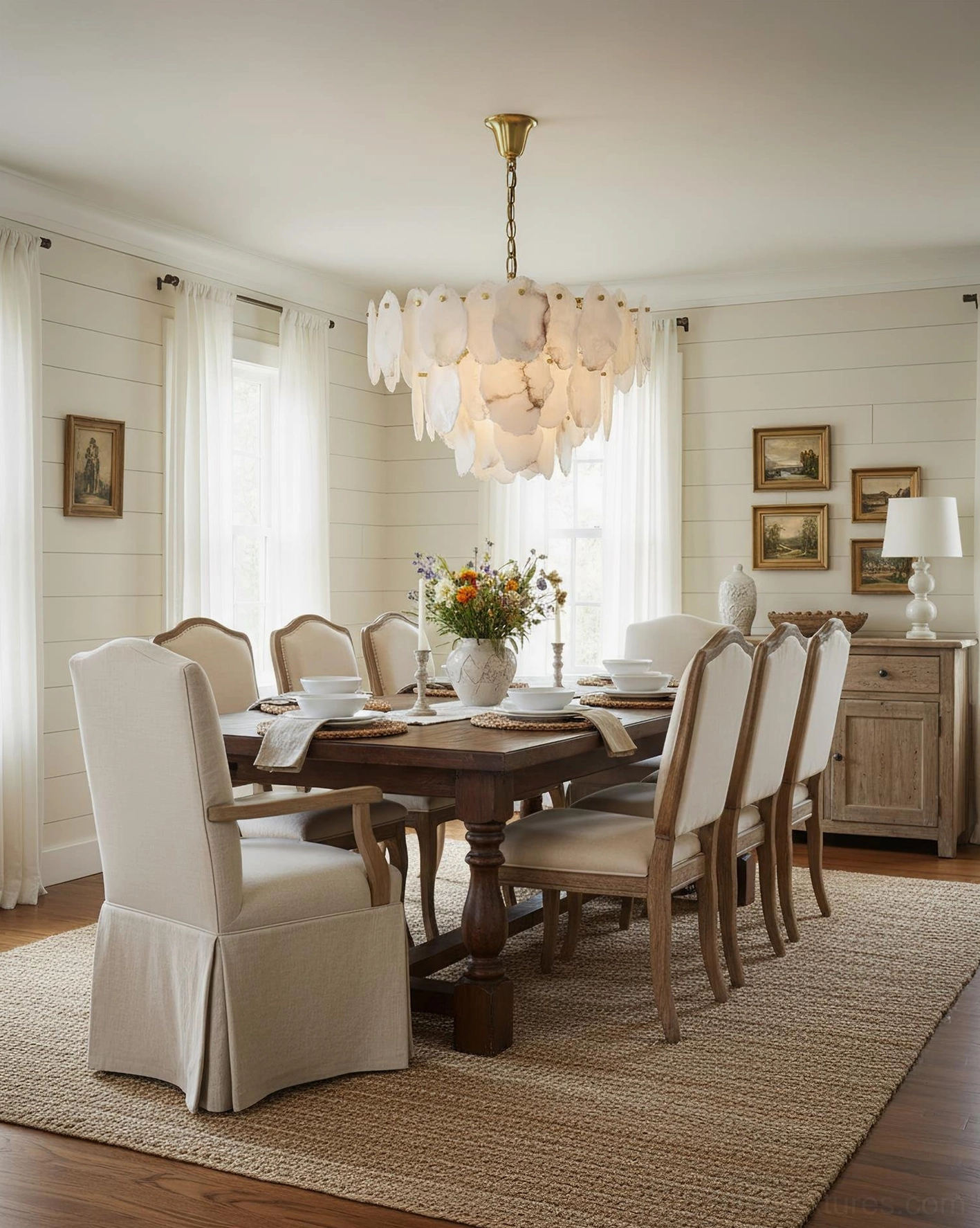 Leon Alabaster Chandelier - Traditional Farmhouse Dining Room with Dark Wood Table and Green Accent Walls
