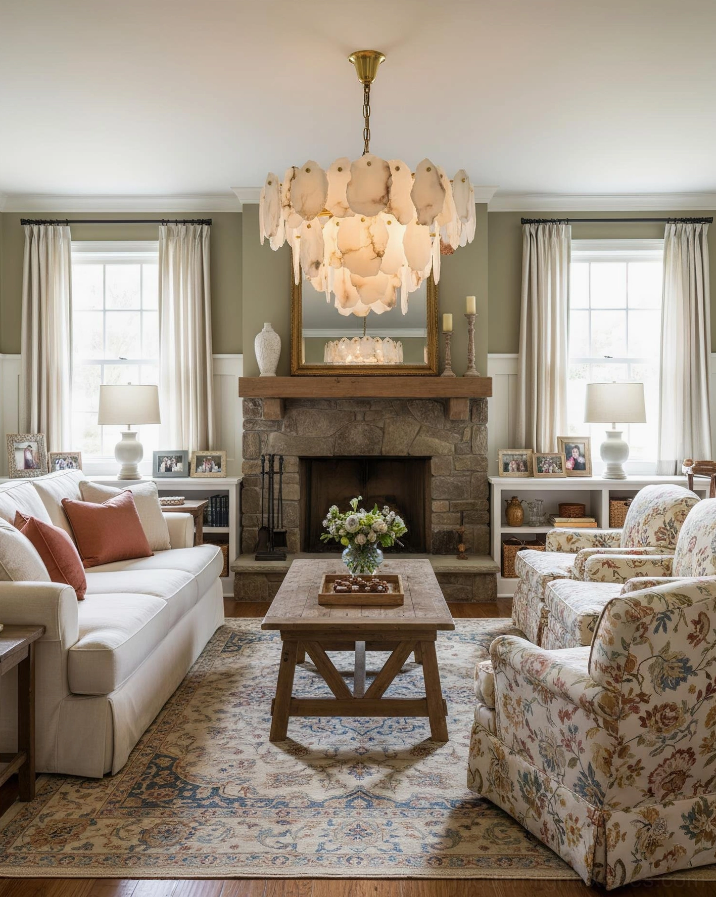 Leon Alabaster Stone Chandelier - Traditional Living Room with Floral Armchair and Stone Fireplace Styling