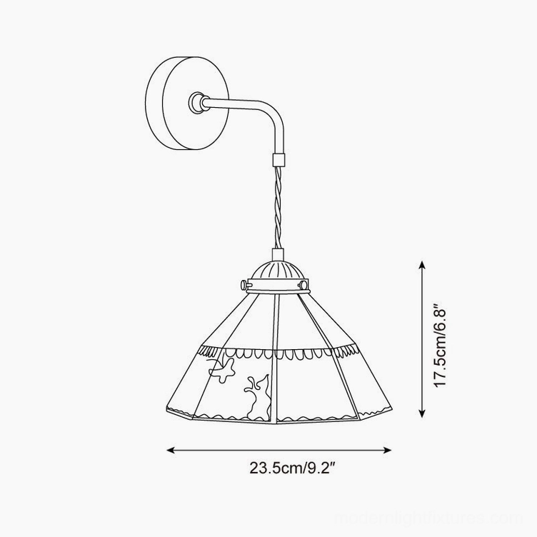 Technical diagram and dimensions of Leporine stained glass wall sconce