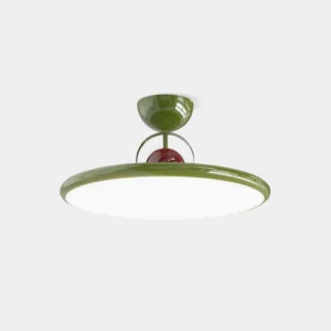 Letizia modern flush mount ceiling light with curved acrylic shade in studio view - contemporary ceiling fixture available in chrome, green, beige, and red finishes