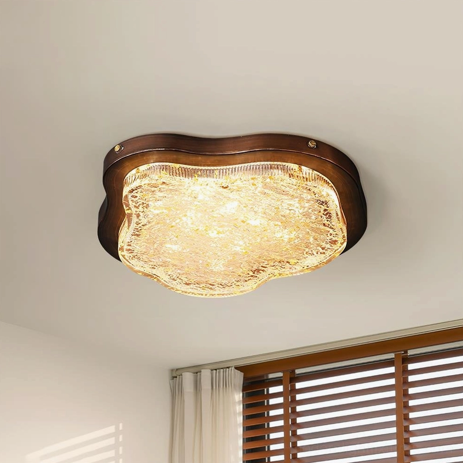 Brown walnut frame Levante cloud ceiling light with textured glass shade in bedroom with wooden window blinds