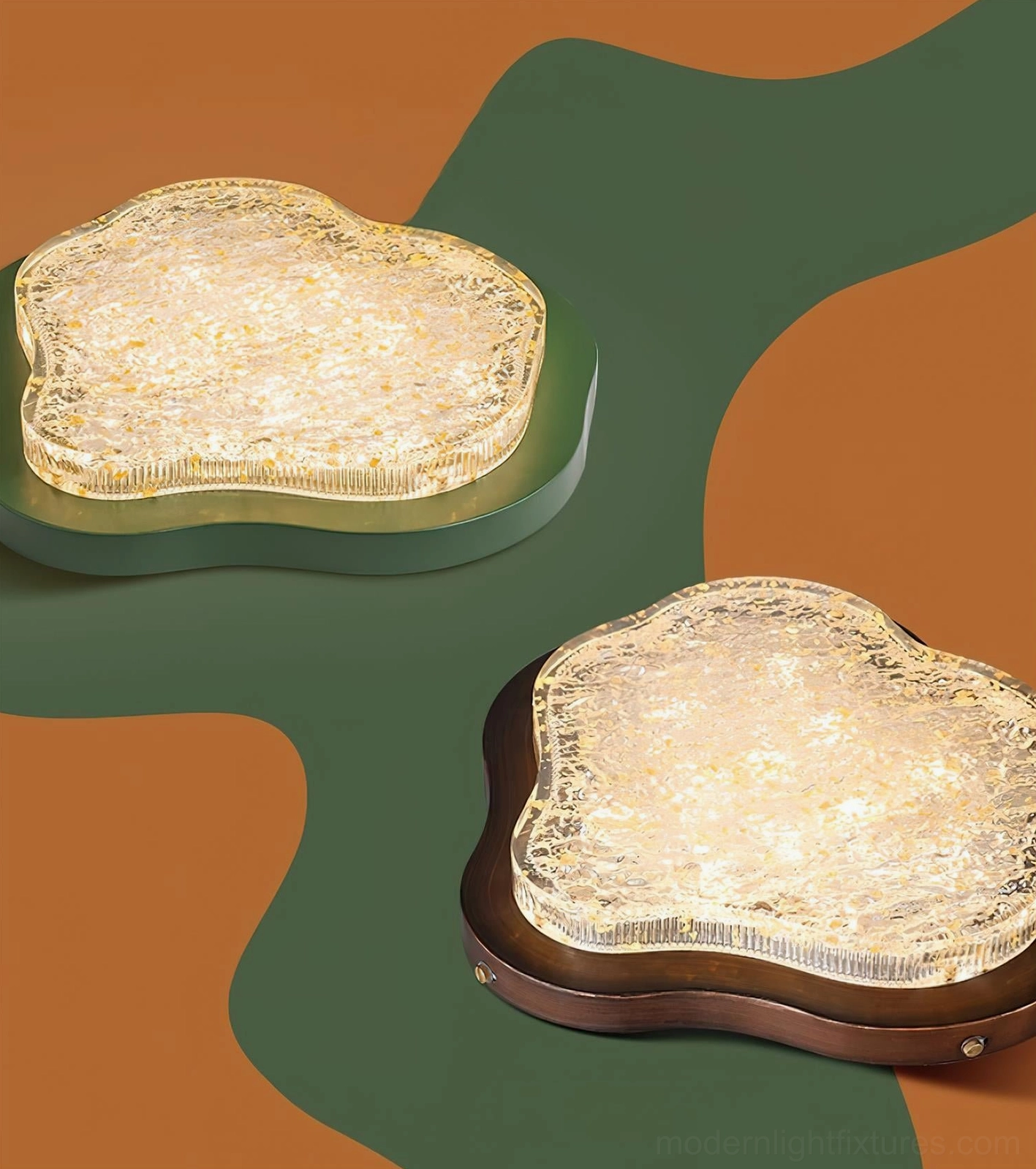 Levante cloud ceiling light comparison showing green and walnut frame color options with rippled glass shade