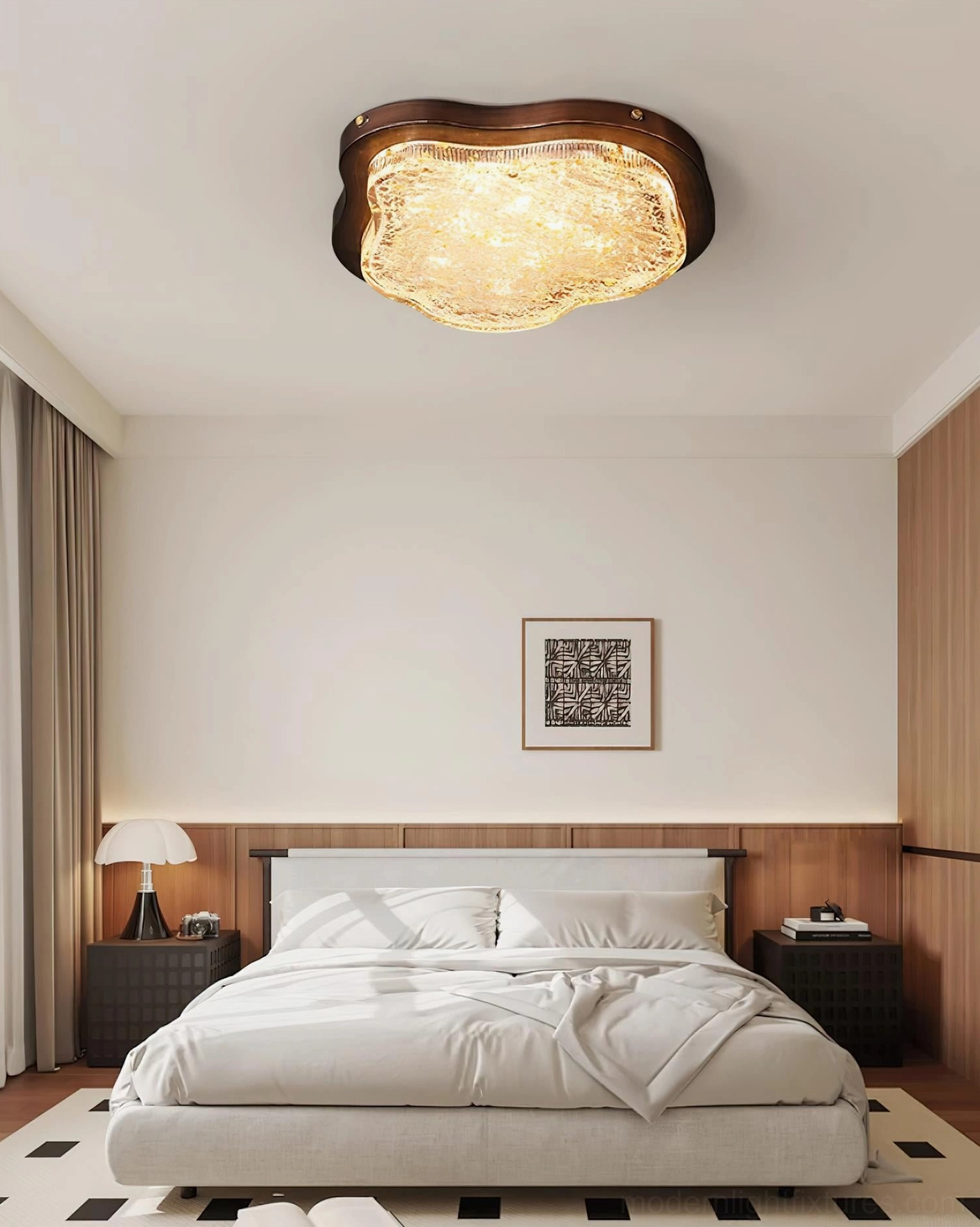 Levante cloud ceiling light fixture mounted in contemporary master bedroom above king bed with wooden bedside tables