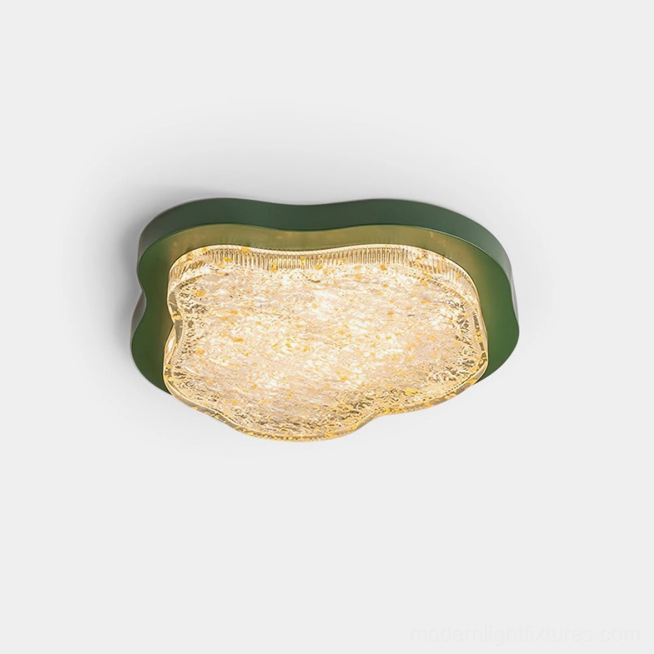 Green frame Levante cloud ceiling light fixture with textured rippled glass shade, direct front view on white background