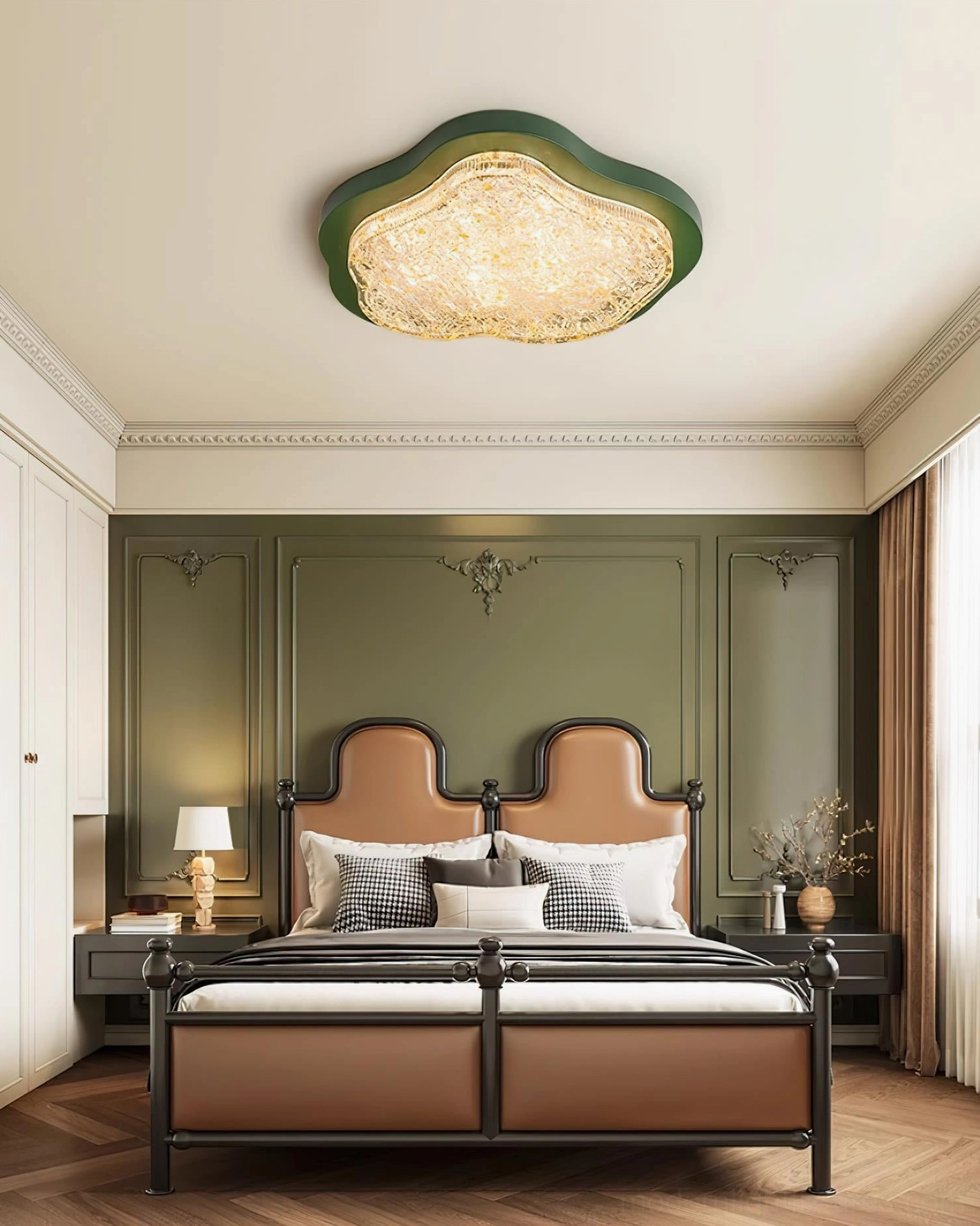Levante green frame cloud ceiling light fixture overhead view in vintage bedroom with green accent wall