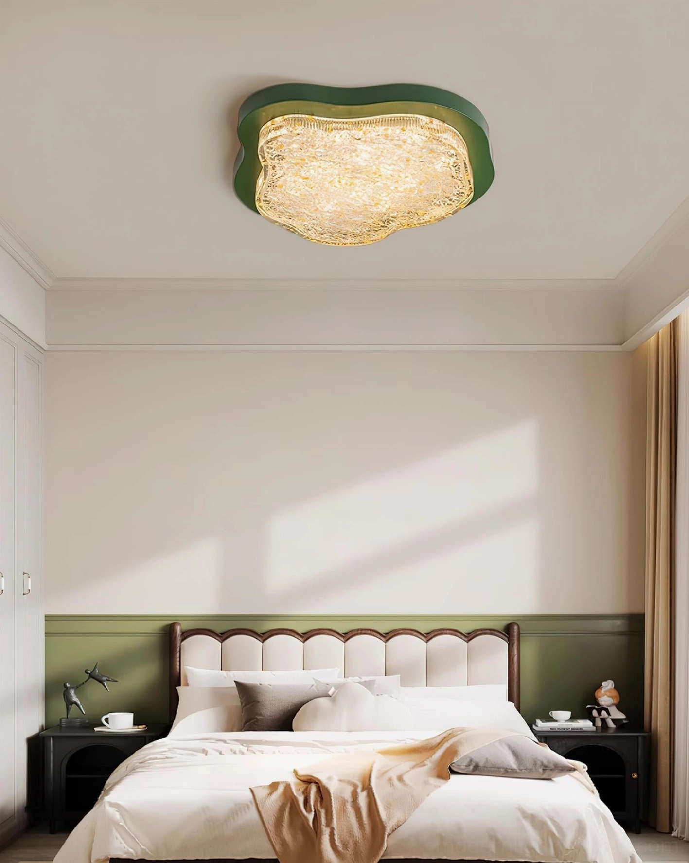 Green frame Levante ceiling light fixture installed on flat white ceiling in neutral-toned bedroom