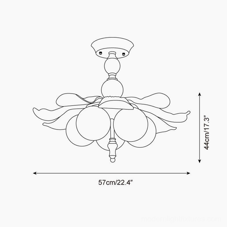 Levara floral ceiling light technical schematic with product dimensions and specifications