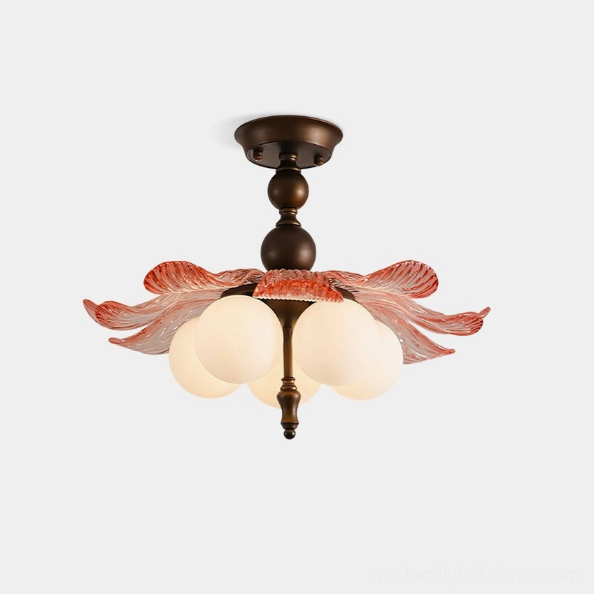 Levara floral ceiling light with bronze frame and frosted glass petals in frontal view