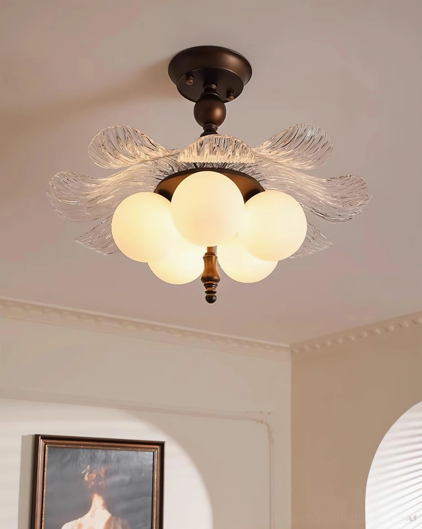 Levara floral ceiling light with sculptured glass petals and multiple frosted globe shades