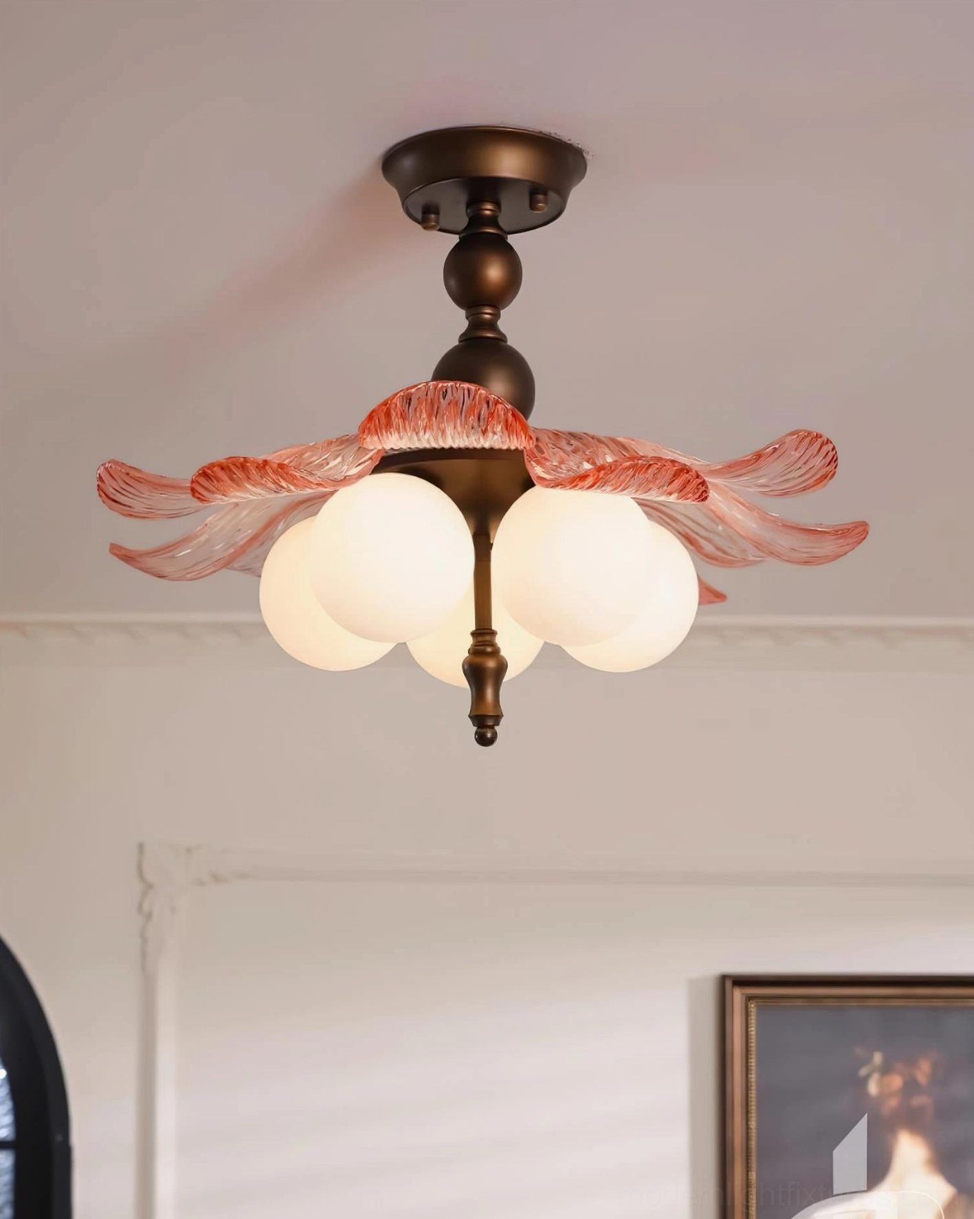 Frontal view of Levara hand-blown glass ceiling light with bronze metal accents
