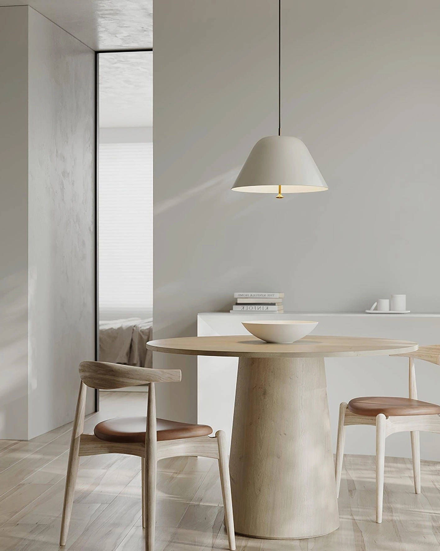 Modern levitate pendant lighting fixture in interior design application over kitchen workspace