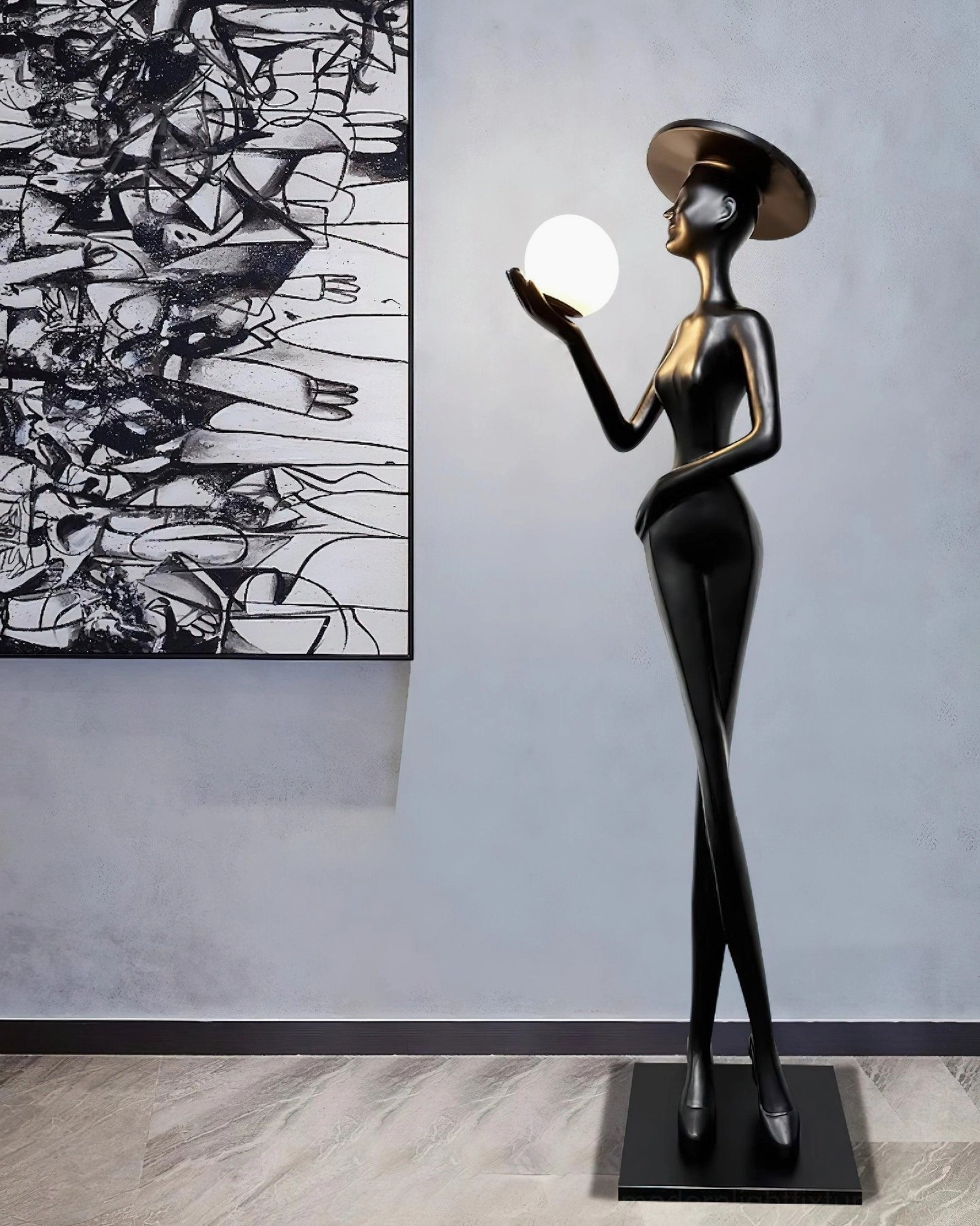 Lexa modern art sculpture floor lamp available in Black & Blue color variant with tapered silhouette and spherical accent