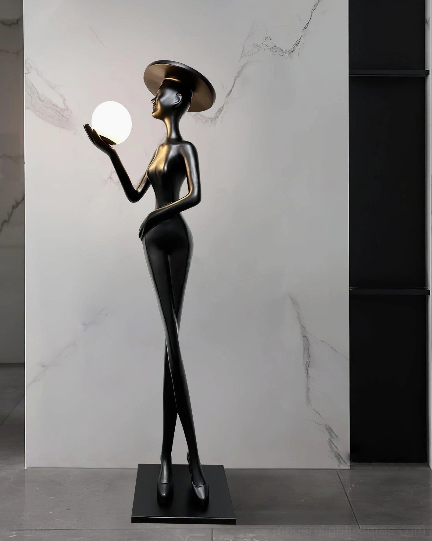 Lexa contemporary art floor lamp with matte black finish and white glowing sphere in modern interior marble design setting