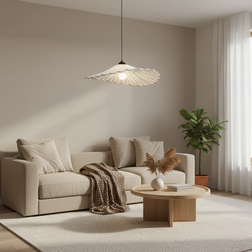 Liana pleated pendant light detail showing natural fabric pleats and diffused warm illumination