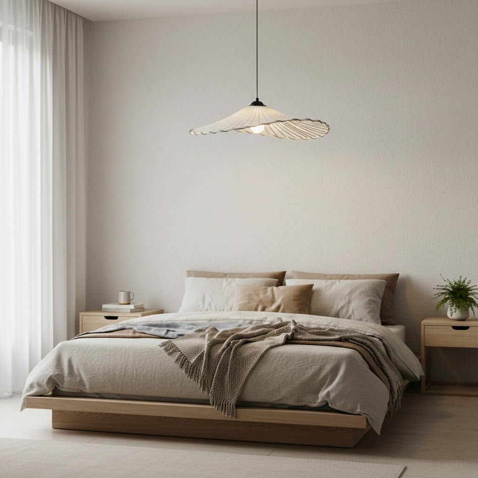 Japanese-inspired pleated pendant lamp in bedroom with warm neutral tones and calming atmosphere