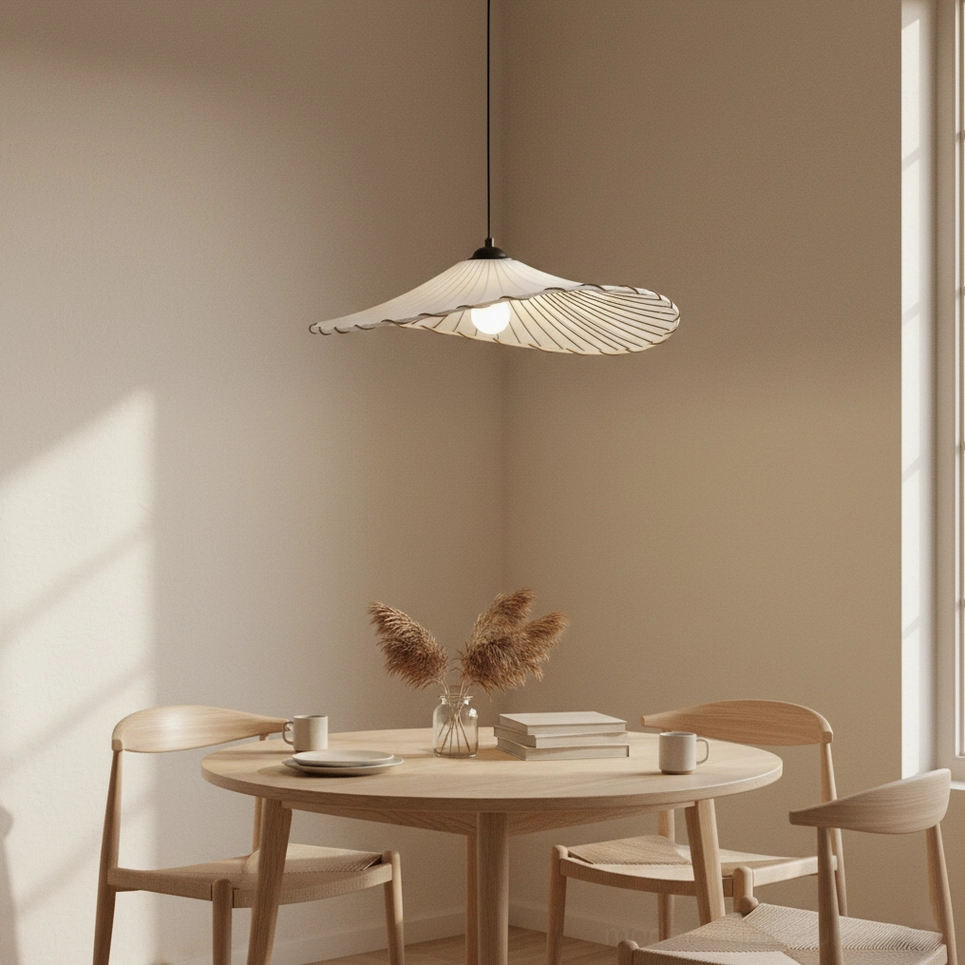 Liana pleated pendant lamp in Japanese wabi-sabi style above small round dining table