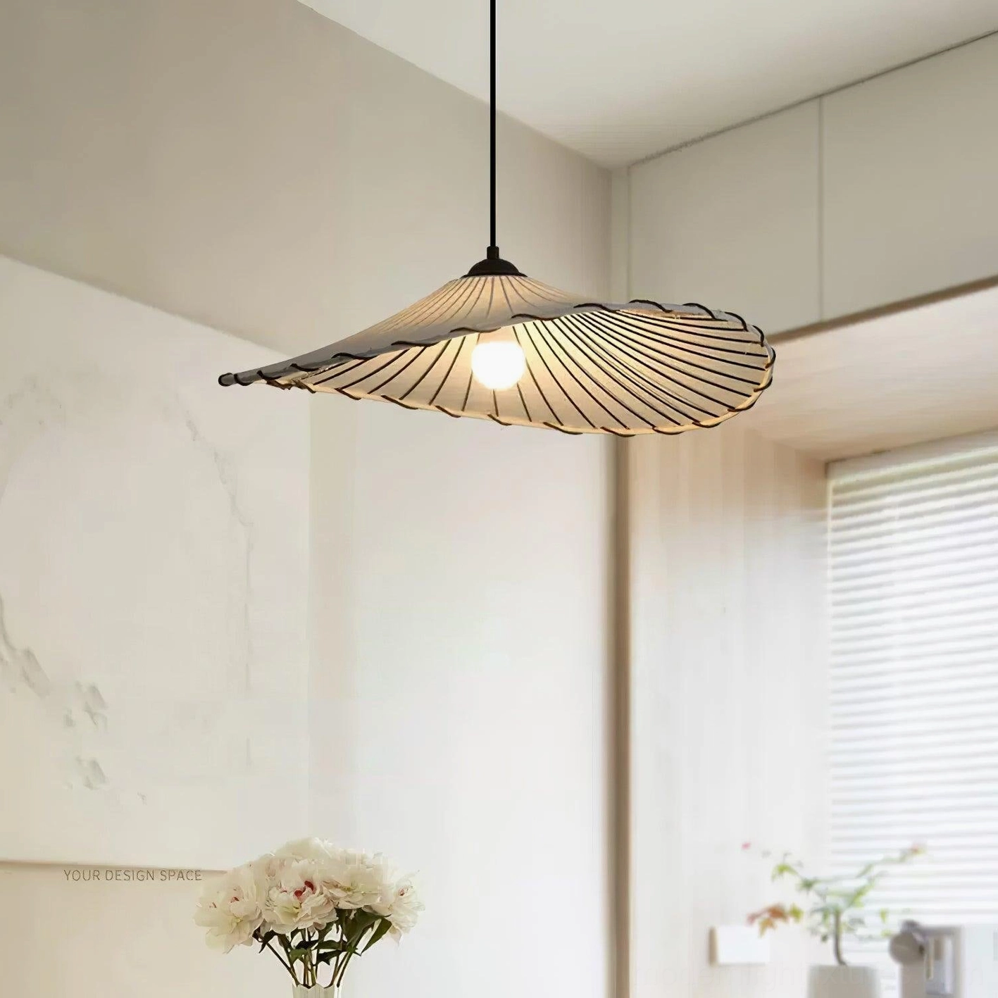 Japanese wabi-sabi pleated pendant lamp in modern minimalist dining nook with neutral decor