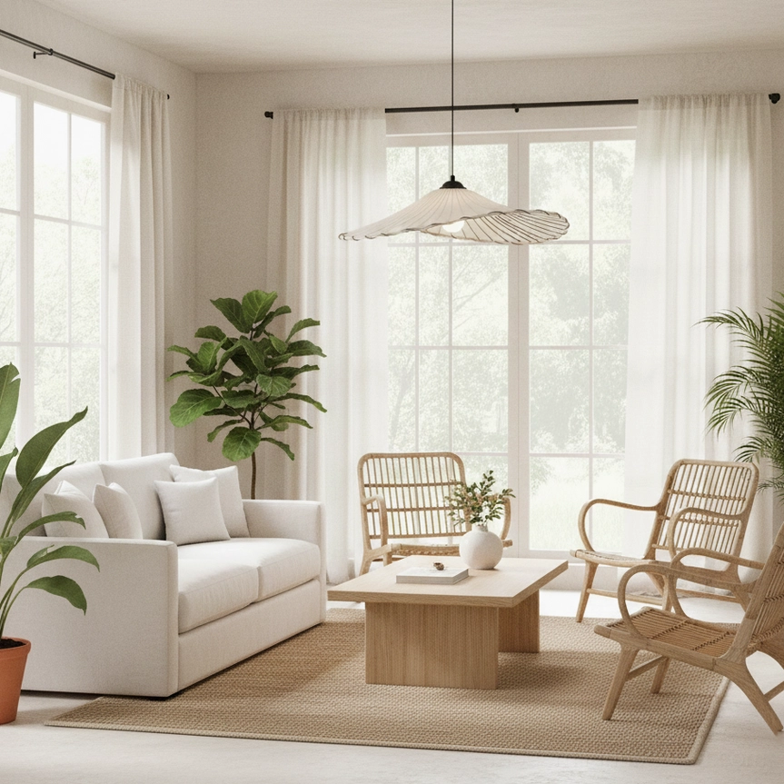 Handcrafted pleated pendant light in Nordic living room with warm wood furniture and accents