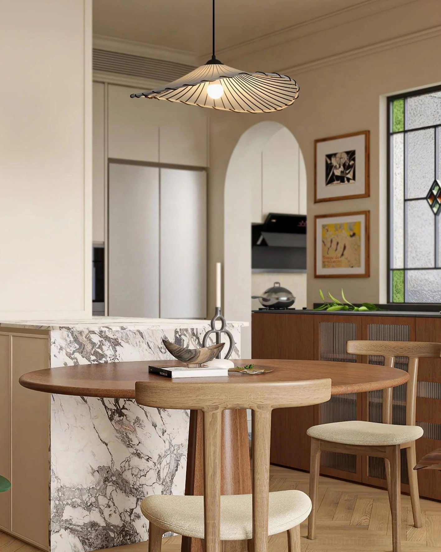 Handcrafted pleated pendant lamp above warm wood dining table in retro kitchen setting
