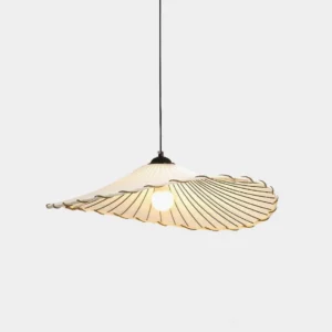 Liana pleated pendant light with beige ribbed fabric shade, front view against studio background