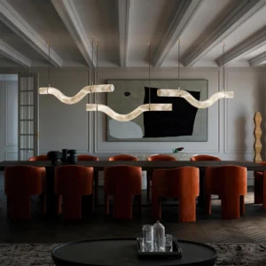 Multi-head wavy alabaster linear chandelier luxury dining room interior design lighting installation