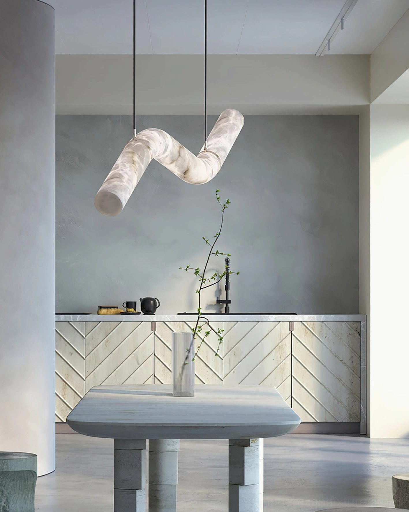 Zig-zag marble texture alabaster pendant light modern kitchen bar area compact curved design