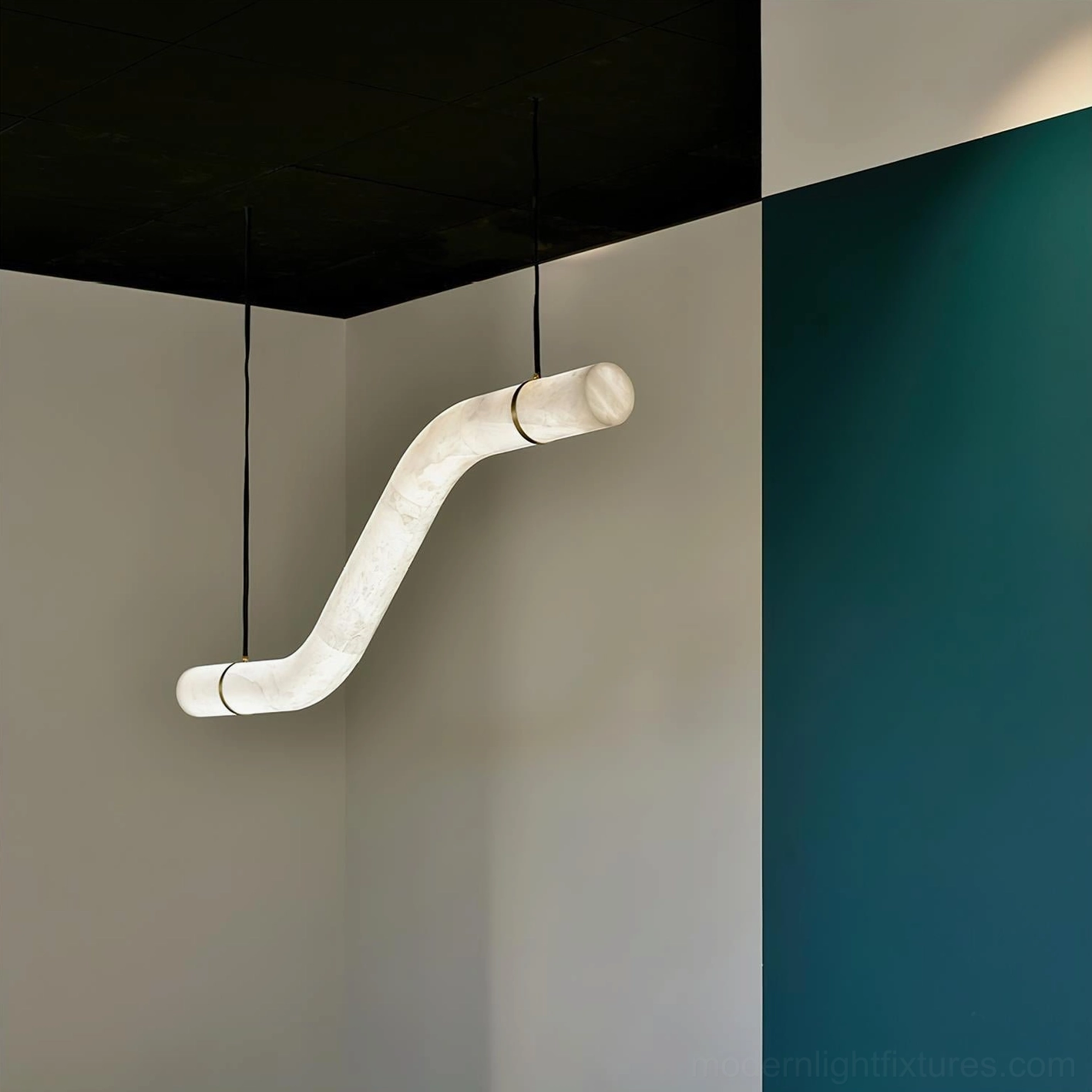 Single wavy alabaster pendant light low-angle view modern minimalist accent room suspended black wires