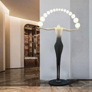 Modern sculptural floor lamp with LED sphere array in luxury marble lobby setting, eye-level front view of gradient body design